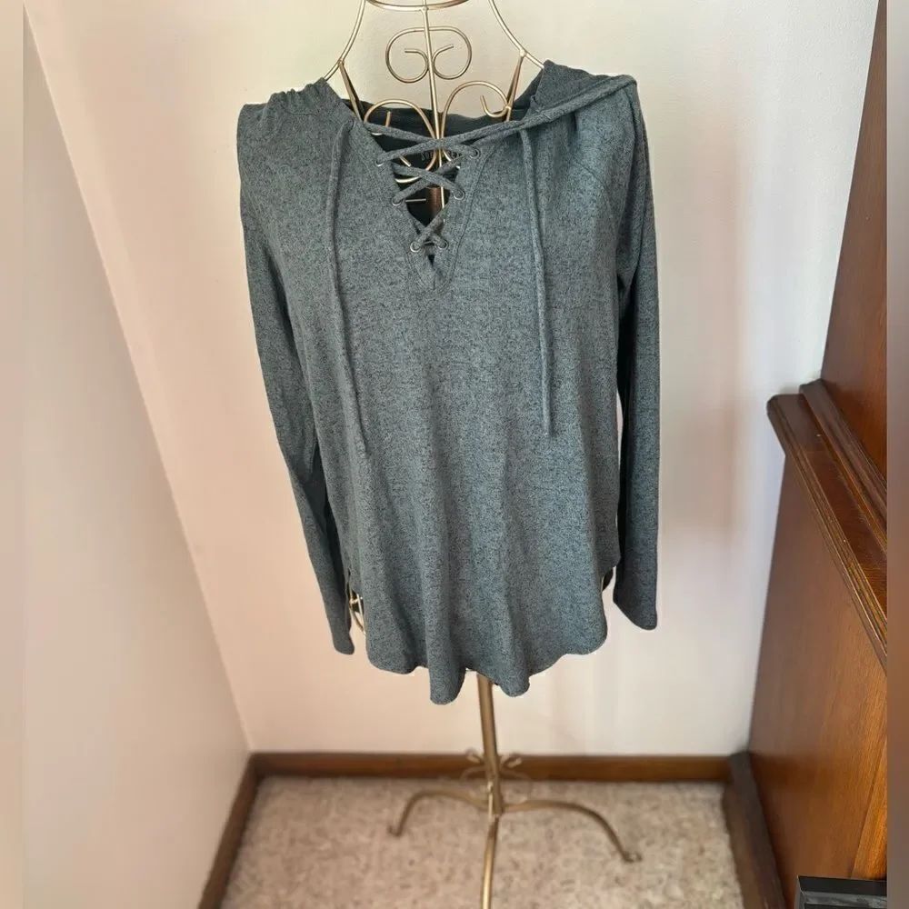 American Eagle Soft & Sexy Plush Lace-Up Hoodie Top Size S Green NWT